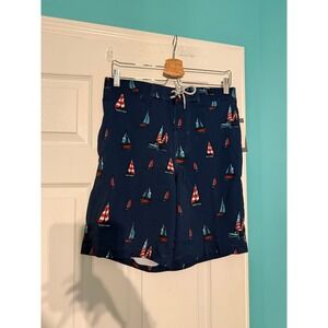 Trinity Coast Mens Sailboat Print Swim Trunks Navy Blue 9 Inch Inseam Small NEW